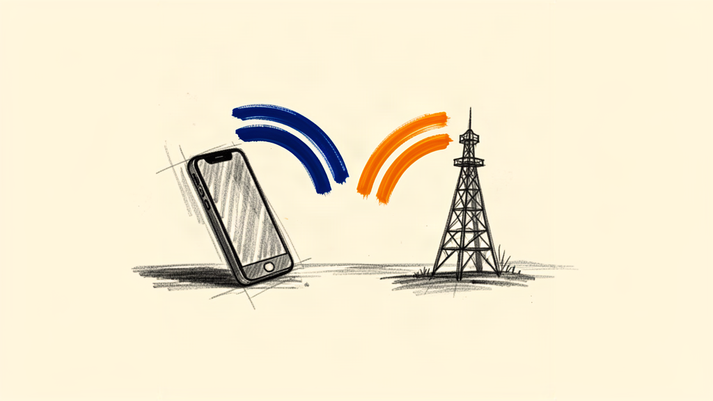 A phone and a cell tower exchanging signal arcs