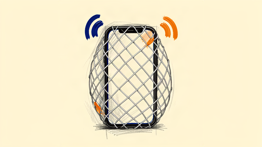 Phone inside a woven metallic mesh, signal waves bouncing off